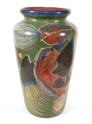 Vintage Mexican Tonala Pottery Green Oil Jar Vase Burnished Decorated W/ Bird