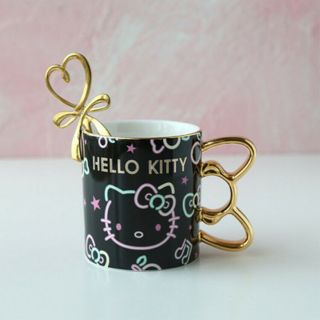 Cute Hello Kitty Elegant Gold Line Ceramic Coffee Milk Mug Cup W/t Spoon Black
