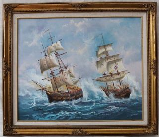 Oil Painting On Canvas - Sailing Ships Sea Naval Battle Signed By James
