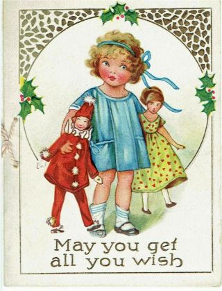 Cute Vintage Christmas Greetings Card Little Girl With Doll & Clown Embossed