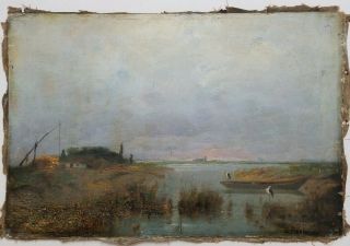 Kalman Mesterhazy Oil On Canvas " Farm " 1857 - 1898 Hungarian 12 " ×18 "