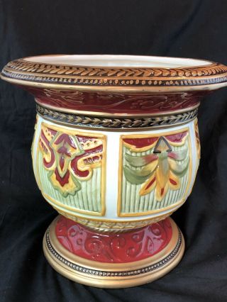 Fitz & Floyd Large Damask Christmas Footed Cache Pot Planter Vase Gold Red