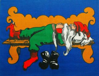 Vintage Swedish Christmas Hand Printed Wall Hanging Santa Claus Sleeps 50s