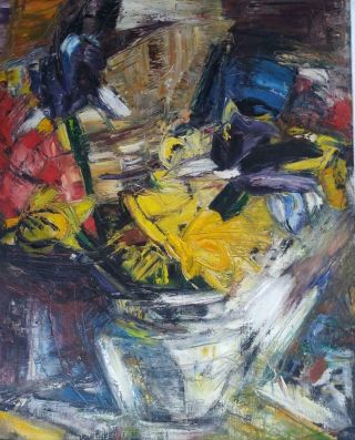 Vintage Expressionist Abstract Floral Still Life Oil Painting Mid Century Modern