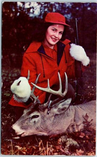 Vintage Pin - Up Girl Postcard Hunter Girl W/ Rifle & Dead Deer / 1956 Wy Cancel
