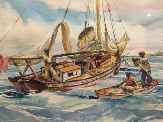 Fabulous Phil Brinkman Watercolor Signed And Titled " Conch Boat " Bahama 