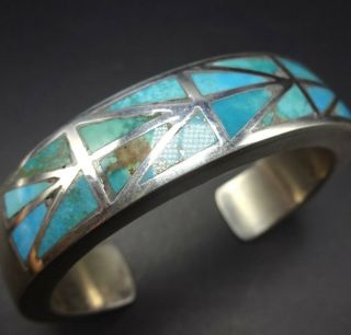Imhss Vintage Navajo Solid Sterling Silver & Turquoise Inlay Cuff Bracelet 46.  4g
