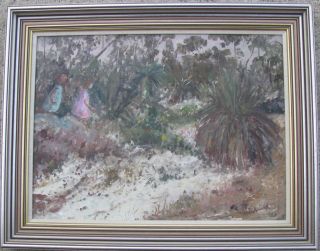 Phyl Waterhouse Australian Framed Oil " Two Girls In The Bush " 1980