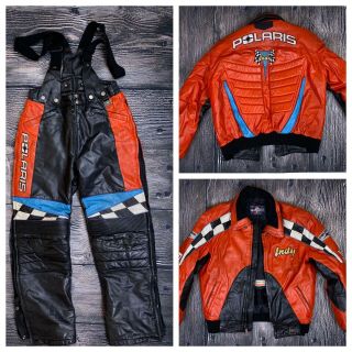 Vintage Polaris Leather Coat Jacket Bibs Set Zips Size Medium M Indy Snowmobile