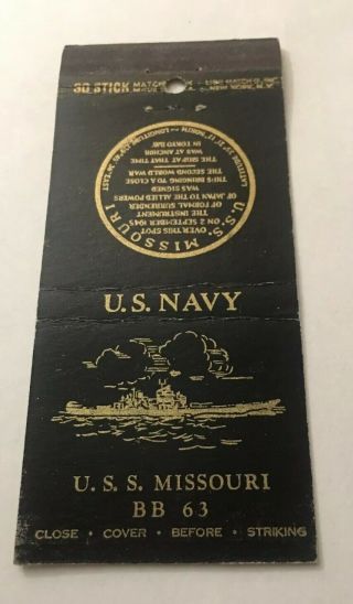 Vintage Matchbook Cover Matchcover Us Navy Ship Uss Missouri Bb 63 Black & Gold