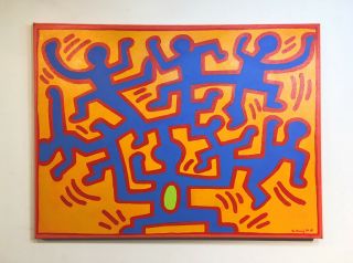 Large Keith Haring Painting On Stretched Canvas - 1989