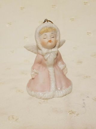 Porcelain Kissing Angel W/ Wings Christmas Bell Ornament Pink Coat