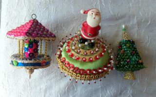 Set Of 3 Vintage Santa Carousel Tree Beaded Christmas Ornaments Unique 150