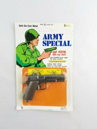 Vintage 1970 ' s Army Special Diecast Keychain Cap Gun Pistol on Card Hong Kong 2