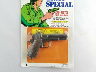 Vintage 1970 ' s Army Special Diecast Keychain Cap Gun Pistol on Card Hong Kong 3