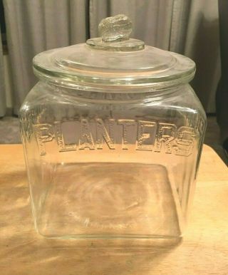 Vintage Planters Peanut Glass Store Display Jar With Lid Square Peanut Handle