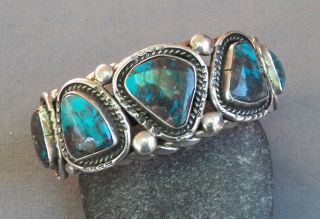 Heavy Vintage Navajo Sterling Silver Turquoise Row Cuff Bracelet 102.  8 Grams