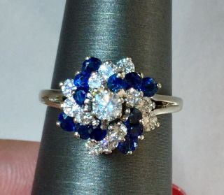 Vintage Diamond And Sapphire Cluster Ring 14k White Gold