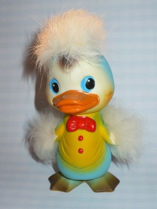 Vtg 1968 Anthropomorphic Squeaky Rubber Duck Toy Real Fur Feathers Japan