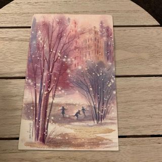 Vintage Greeting Card Christmas City Ice Skating Pinks Hallmark