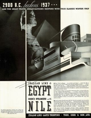 1930s Big Vintage Italian Cruise Line Ship Egypt Sphinx Art Deco Print Ad