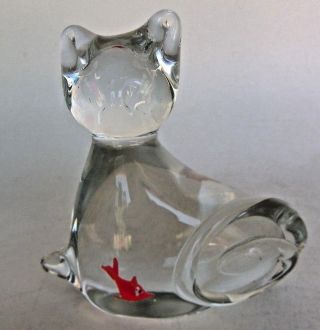 Clear Glass Sitting Cat Figurine Statue Paperweight With Red Fish In Tummy