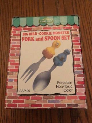 Sesame Street Big Bird & Cookie Monster 1986 Fork & Spoon Set In Open Box