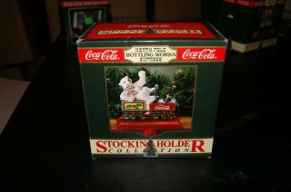 1995 Cast Iron Coca Cola Express Train Stocking Holder " Polar Bear In Car " Nib