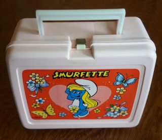 Smurfs Smurfette Pink Lunch Box 1980 Vintage Retro Plastic Thermos Lunchbox