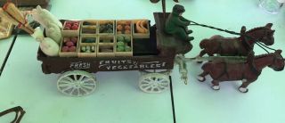 Cast Iron 2 Horse Drawn Fruit And Vegetables Wagon With Draft Horses