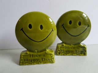 Happy Face Army Green Salt And Pepper Shakers Vintage Usa Treasure Craft