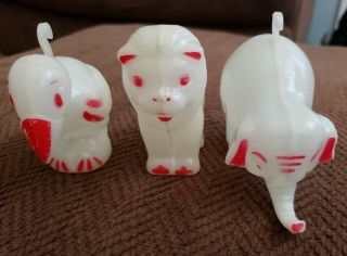 3 Vintage Hard Plastic Blow Mold White Elephant Tiger Bird Figures Toy Mobile