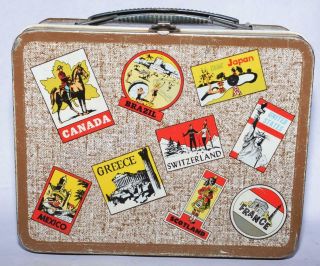 Ohio Art Lunch Box - Brown W Travel Destination Stickers - Ca.  1964 - No Thermos