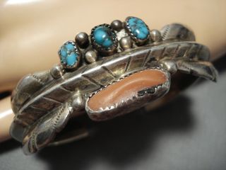 Vintage Navajo Turquoise Coral Sterling Silver Native American Bracelet Old