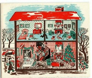, Busy Family In House Getting Ready For Christmas,  Vintage Christmas Card