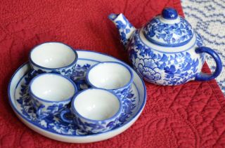 Miniature Coffee / Tea Set 7 Piece Blue & White Porcelain Children 