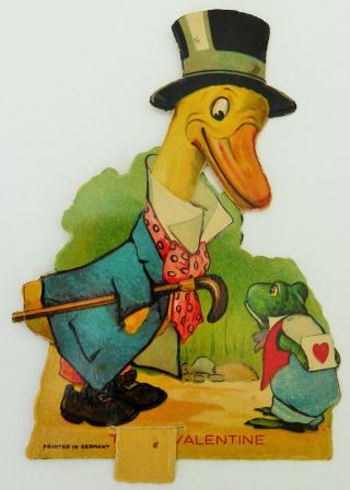 Vintage Mechanical Valentine Duck With Cane & Frog 4 1/2 " X 3 " Germany Made