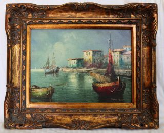 Oil Painting On Canvas - Boats Seaside Signed By Guinther Venice Canal