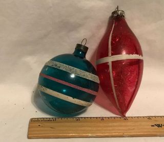 2 Clear War Ornaments Blue Ball White & Pink Stripes & Red Teardrop White Stripe