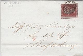 1852 Qv London Sun Life Assurance Society Letter With A 1d Penny Red Stamp