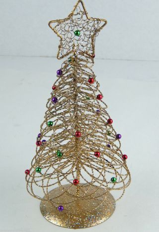 Small Gold Wire 10 " Christmas Tree Sparkles & Multicolored Balls W/ Star