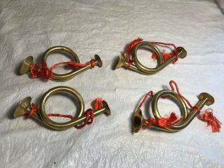 Set Of 4 Vintage Solid Brass French Horn Bugle Christmas Ornaments
