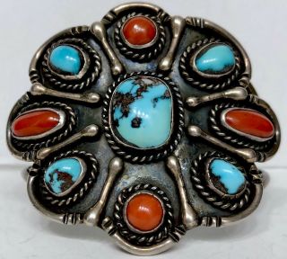 Old Vintage Native American Navajo Sterling Silver Turquoise Coral Cuff Bracelet