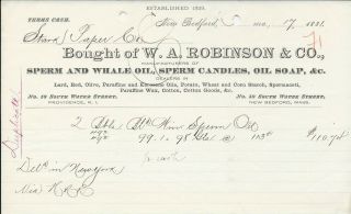 1881 Bedford Ma W A Robinson & Co Sperm & Whale Oil/sperm Candles Billhead