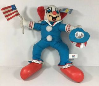 Vintage 1999 Bozo The Clown Plush Doll Toy Usa Star And Stripes Flag And Cap