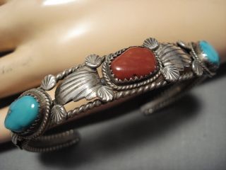 Superior Vintage Navajo Turquoise Coral Sterling Silver Concho Bracelet Old