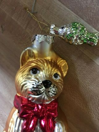 Vintage 7 " Cat Glass Blown Christmas Tree Ornament With Additional Small Fish