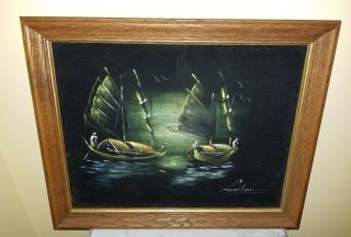 Black Velvet Chinese Junk Boat Nautical Painting Signed Wood Frame 18 " X 22 " Mcm