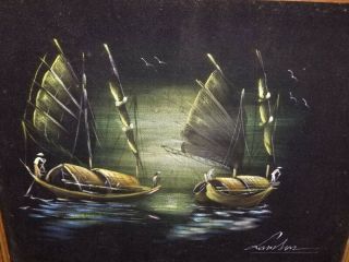 Black Velvet Chinese Junk Boat Nautical Painting Signed Wood Frame 18 