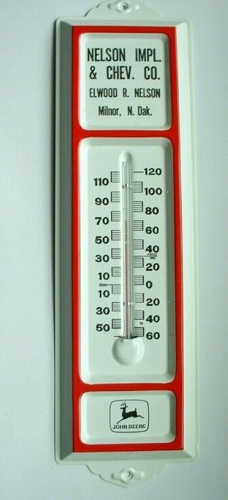 John Deere Thermometer Advertising Nelson Impl & Chev,  Milnor North Dakota & Box